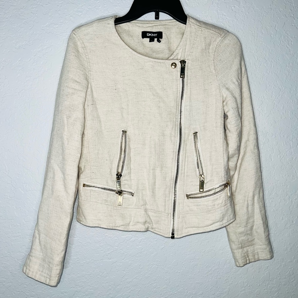 DKNY Linen Blend Moto Jacket w Wide Lapels Asymmetric Zip Front Size XS - Picture 4 of 10